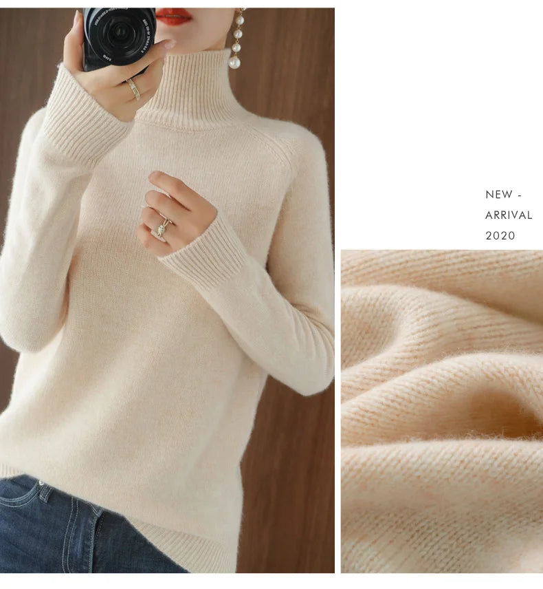 Fashion Basic Autumn Winter  Merino Wool Sweater Mock Neck Cashmere Pullover  Solid Color Soft Long Sleeve Clothing Tops