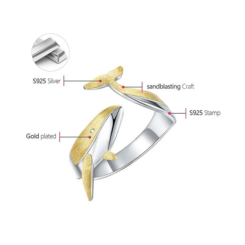 Lotus Fun 18K Gold Personality Whale Dating Adjustable Rings for Women Original 925 Sterling Silver Luxury Quality Fine Jewelry