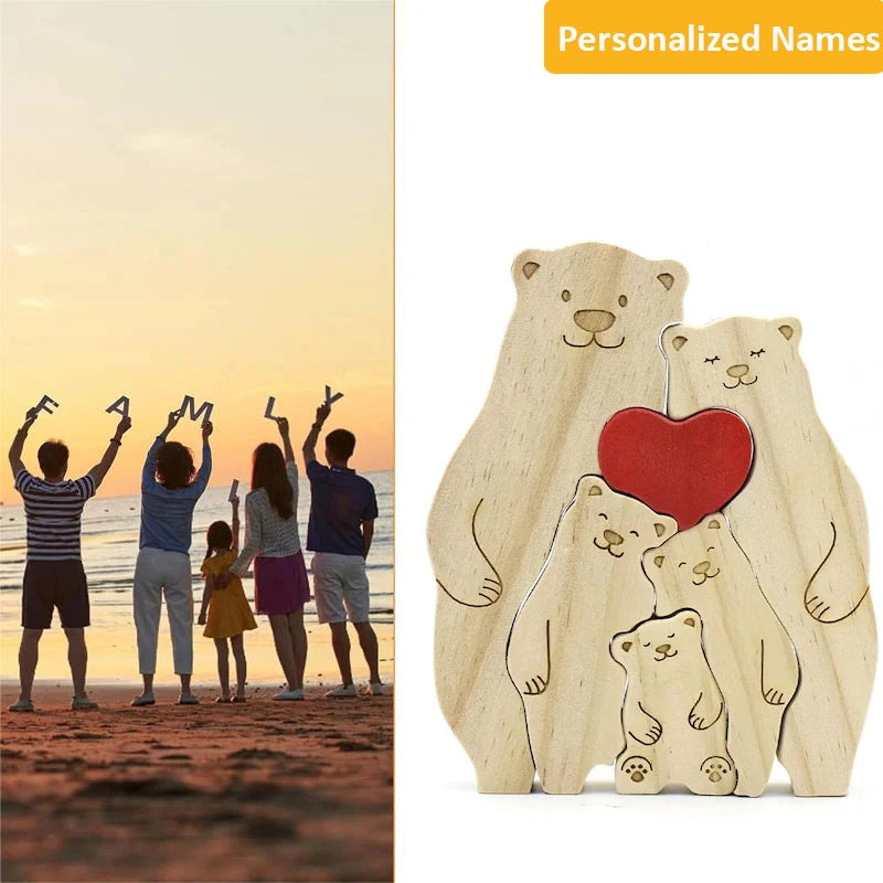 2024 Family Wooden Lovely Bears Puzzle Personalized Family Names Hug Bears Ornaments Christmas Gift Wooden Figurines Home Decor Valentines