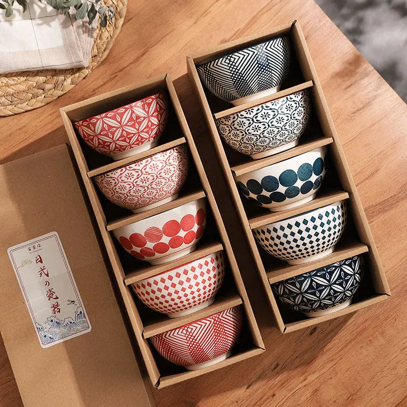 Japanese Style Ceramic Rice Bowl Set Family Dinner Soup Good-Looking Set Gift Box Rice Bowl Creative Retro Small Bowl