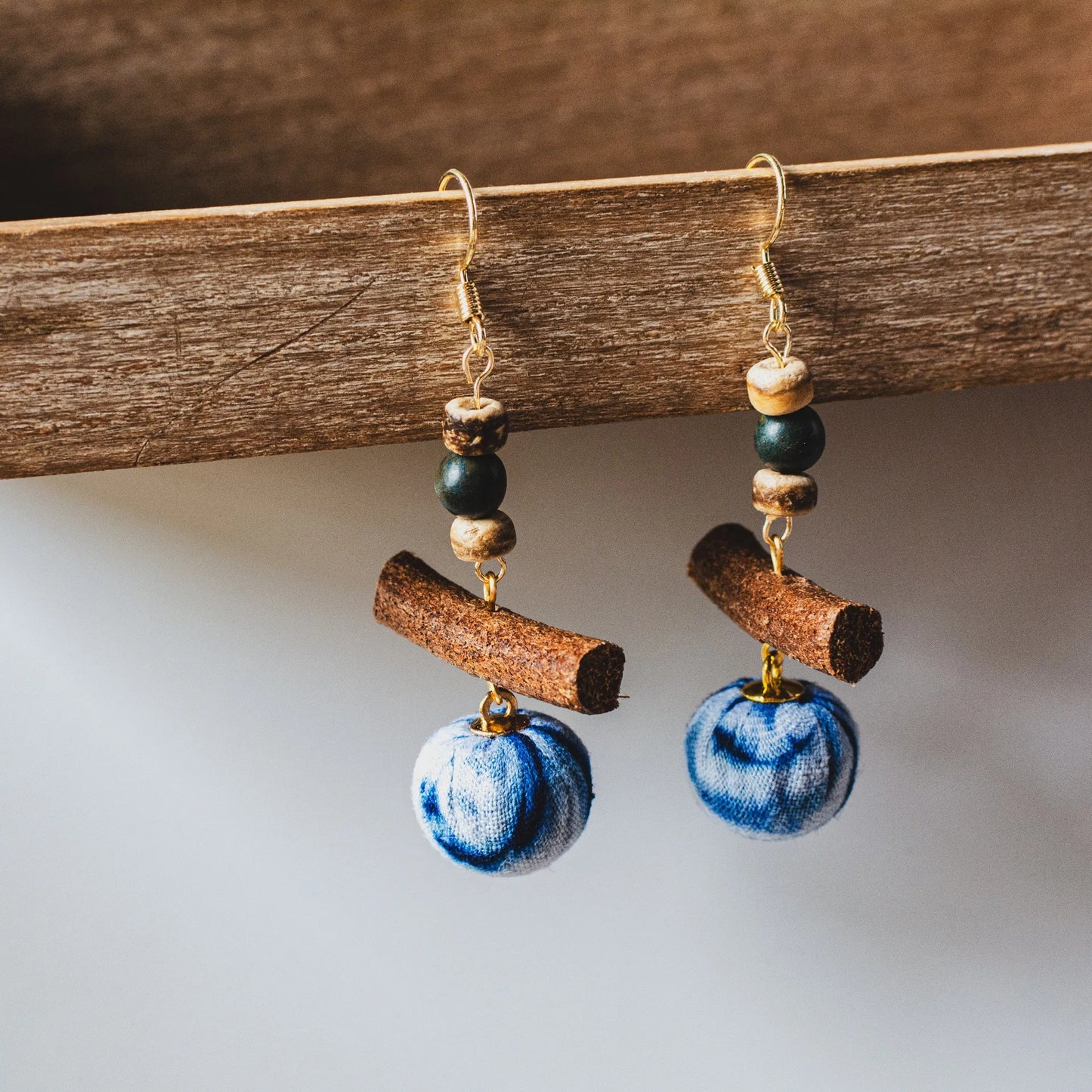 A pair of handmade indigo tie dye earrings with a shabby style, Chinese retro and ethnic style Women's Accessories