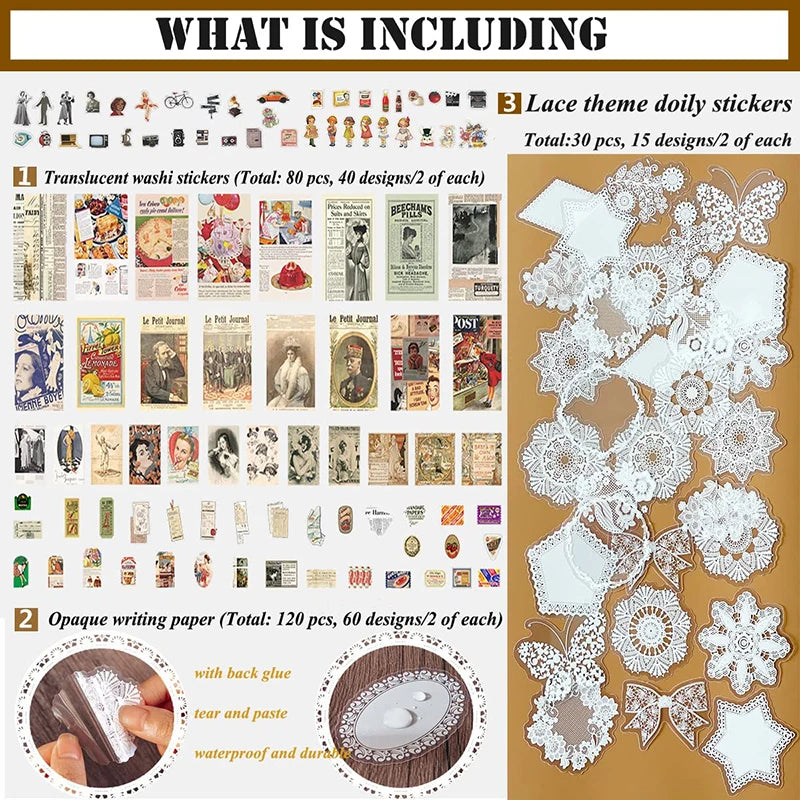 230 Pcs Vintage Journaling Scrapbooking Supplies Scrapbook Stickers Paper for Bullet Journals DIY Art Craft with Lace Sticker