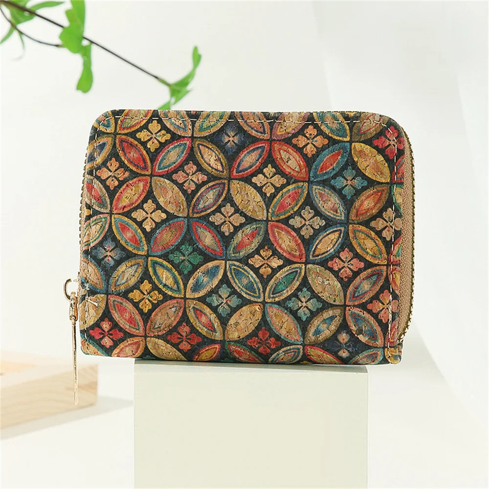 Retro Printed Women's Short Wallet Zipper Cork Leather Card Bag Multi functional Card Slot Women's Card Case Money Pouch Clutch