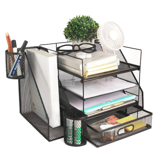 Office Desk Organizer and Accessories Large capacity Desktop 4 Tray File Organizer with Drawer and 2 Pen Holder for School Home