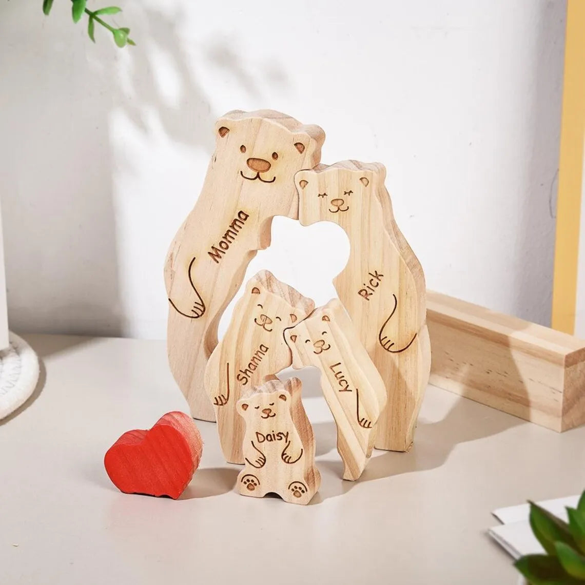 2024 Family Wooden Lovely Bears Puzzle Personalized Family Names Hug Bears Ornaments Christmas Gift Wooden Figurines Home Decor Valentines