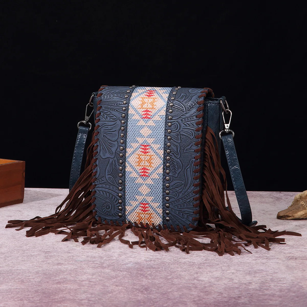 Small Vegan Leather Cowhide Women's Crossbody Handbag with Tassel Wrangler West Fringe Purse for Women Shoulder Bag Tooled Aztec