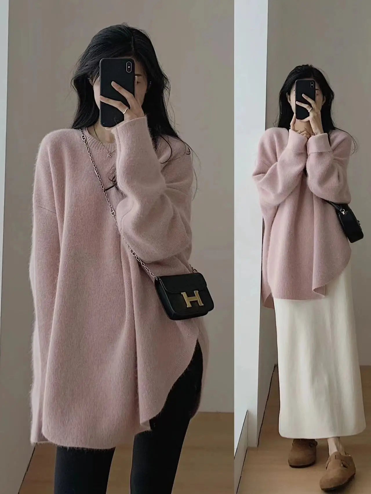 Korean women's mid to long pure wool pullover knitted sweater autumn winter 2024, fashionable and loose large size cashmere tops