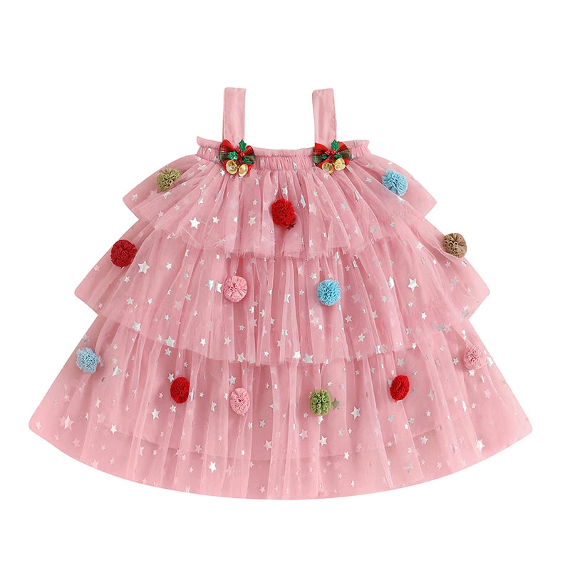 Kids Girl Fashion Valentine Day Dress Star Print Square Neck Sleeveless Layered Tulle Dress with 3D Heart for 1-9 Years Valentines Gift