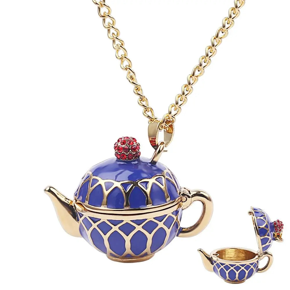 Teapot Locket Enamel Jewelry Hand Made Sweater Chain Coffee Cup pendant Long Necklace Earrings Tea Cup Necklace Teapot Necklace