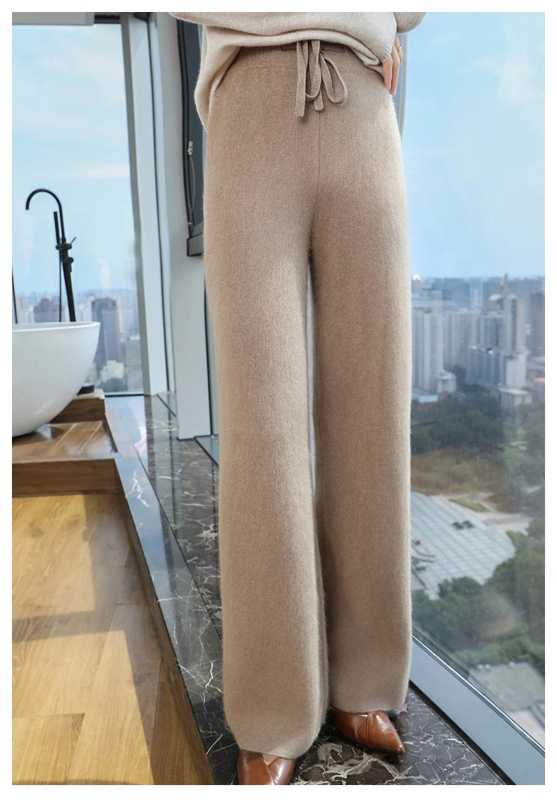 2024 Autumn/Winter New Mink Cashmere Wide Leg Pants for Women, Thickened, Warm, Loose, High Waist Strap up Vertical Casual Pants