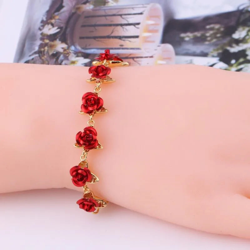 Romantic Adjustable Red Rose Link Chain Bracelet Fashion Valentine Gift for Lover Women's Hand Bracelets Bride Jewelry Accessori Valentines Gift