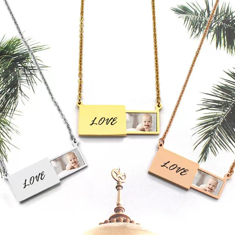 Personalized Stainless Steel Photo Necklace Custom Engrave Love You Color Photo Pendant Jewelry 2014 Couple Gift Valentines Gift