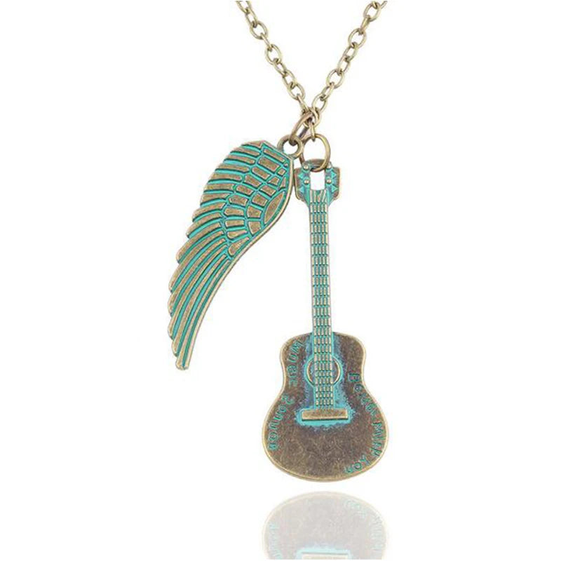 LOVE Valentine's Day Gift Green Angel Wing Guitar Necklace Women,Pendant Necklaces for Women, Sweater Neckless Jewelry Halskette