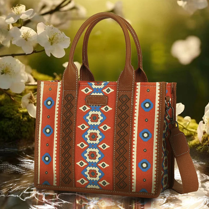 Women Canvas Western Printed Tote Handbag Large Capacity Shoulder Boho Aztec Bags New Wrangler Cowgirls Commuter Shopping Purse