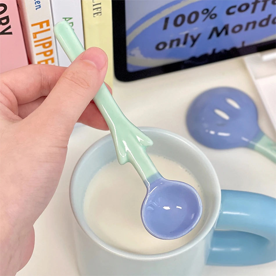 Kawaii Ceramic Flower Spoon Tulip Shaped Cute Milk Ice Cream Dessert Soup Spoon With Long Handle Kitchen Tableware Accessories