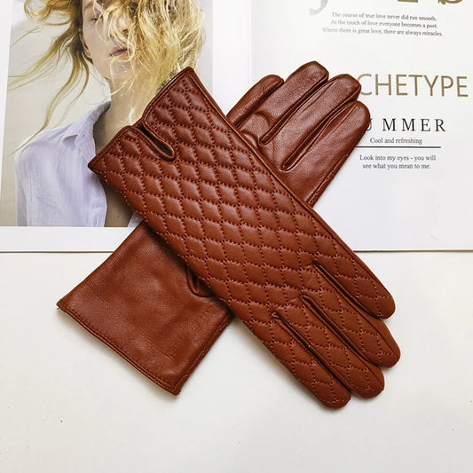 Women's sheepskin gloves with touch screen insulation and velvet lining for windproof riding and driving gloves