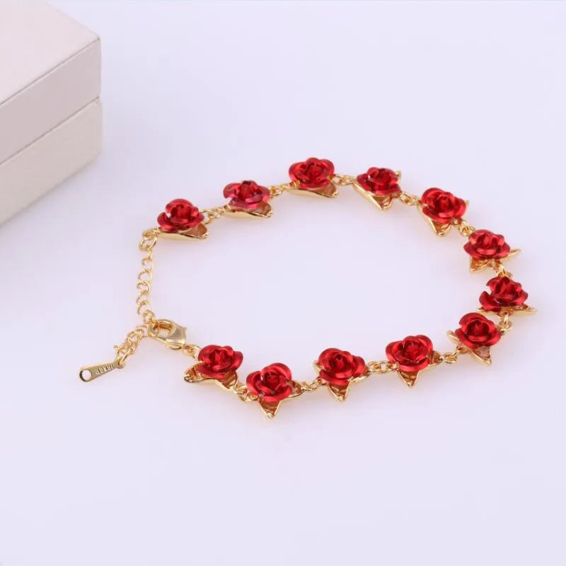 Romantic Adjustable Red Rose Link Chain Bracelet Fashion Valentine Gift for Lover Women's Hand Bracelets Bride Jewelry Accessori Valentines Gift