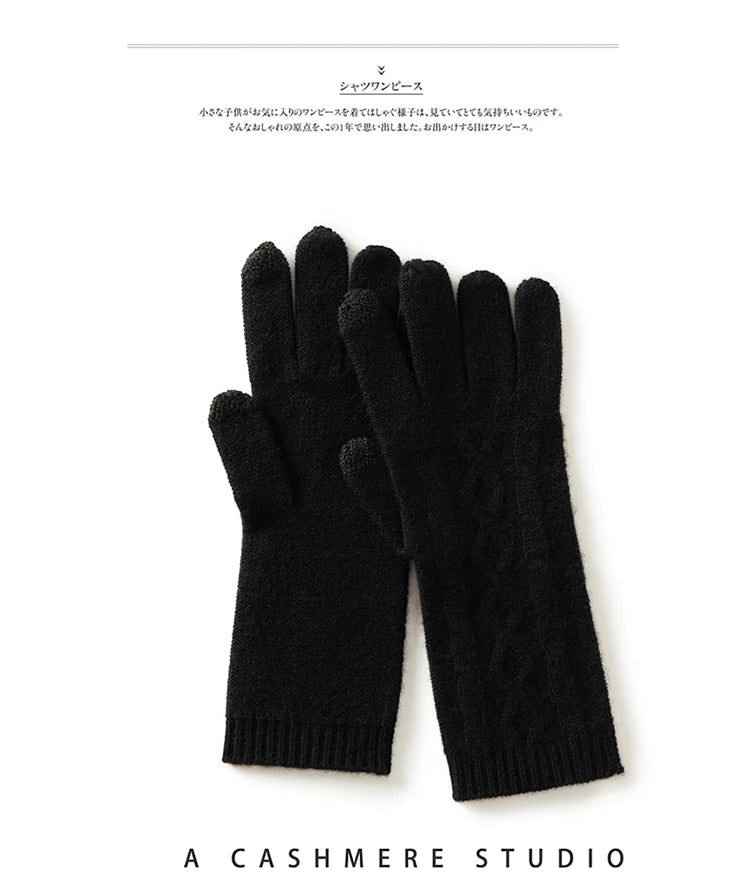 100% Real Cashmere Knitted Gloves Touchscreen Finger Women Autumn Winter Thick Cable Warm Wrist Length Classic Female Mitten