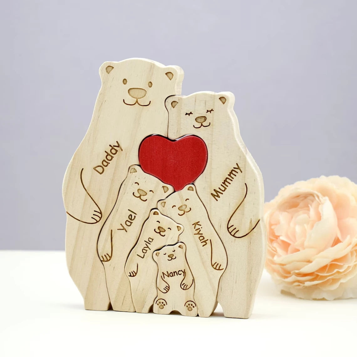 2024 Family Wooden Lovely Bears Puzzle Personalized Family Names Hug Bears Ornaments Christmas Gift Wooden Figurines Home Decor Valentines