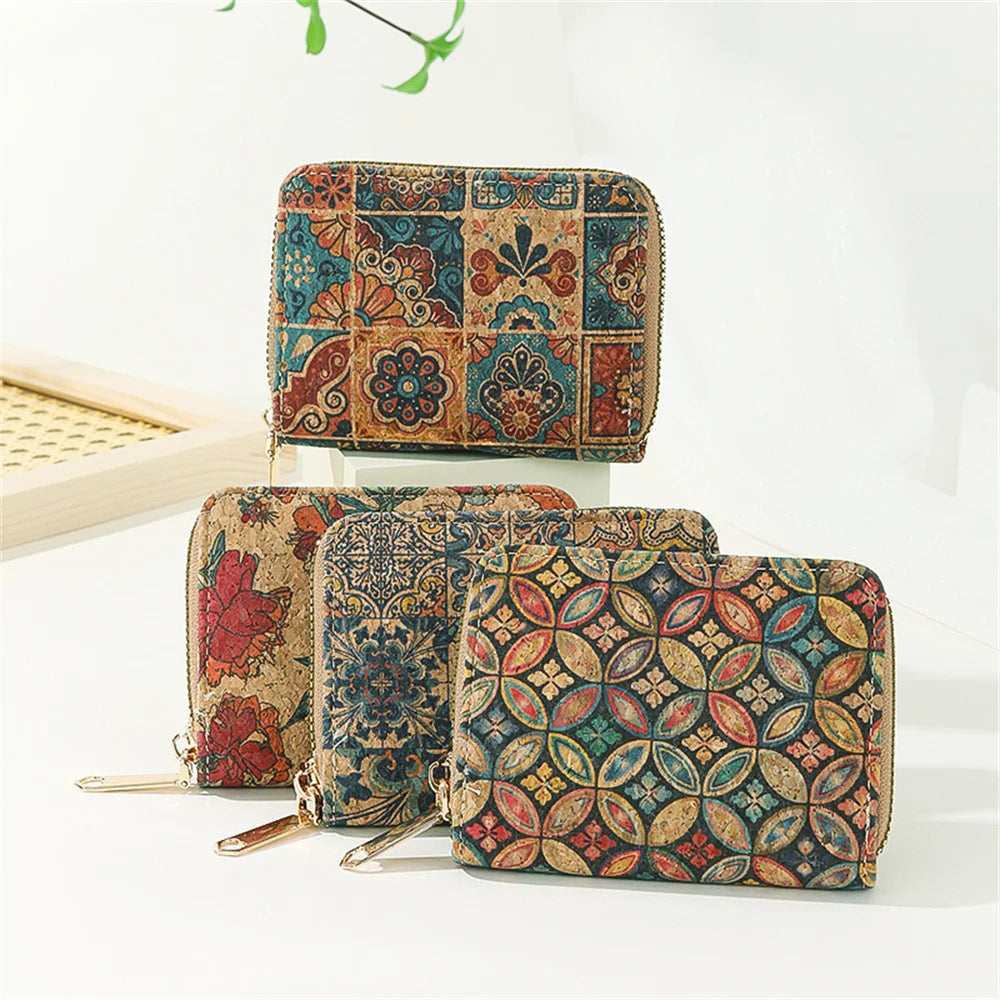 Retro Printed Women's Short Wallet Zipper Cork Leather Card Bag Multi functional Card Slot Women's Card Case Money Pouch Clutch