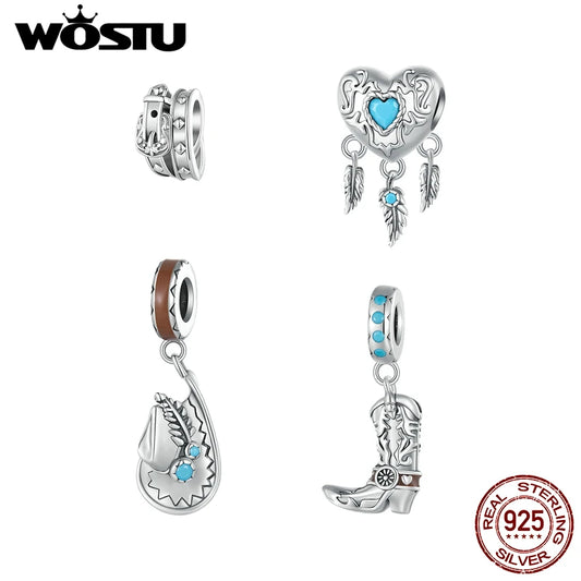 WOSTU Vintage 925 Sterling Silver Western Cowboy Leather Pendant Dream Catcher Charm Fit Original Bracelet DIY Jewelry Making