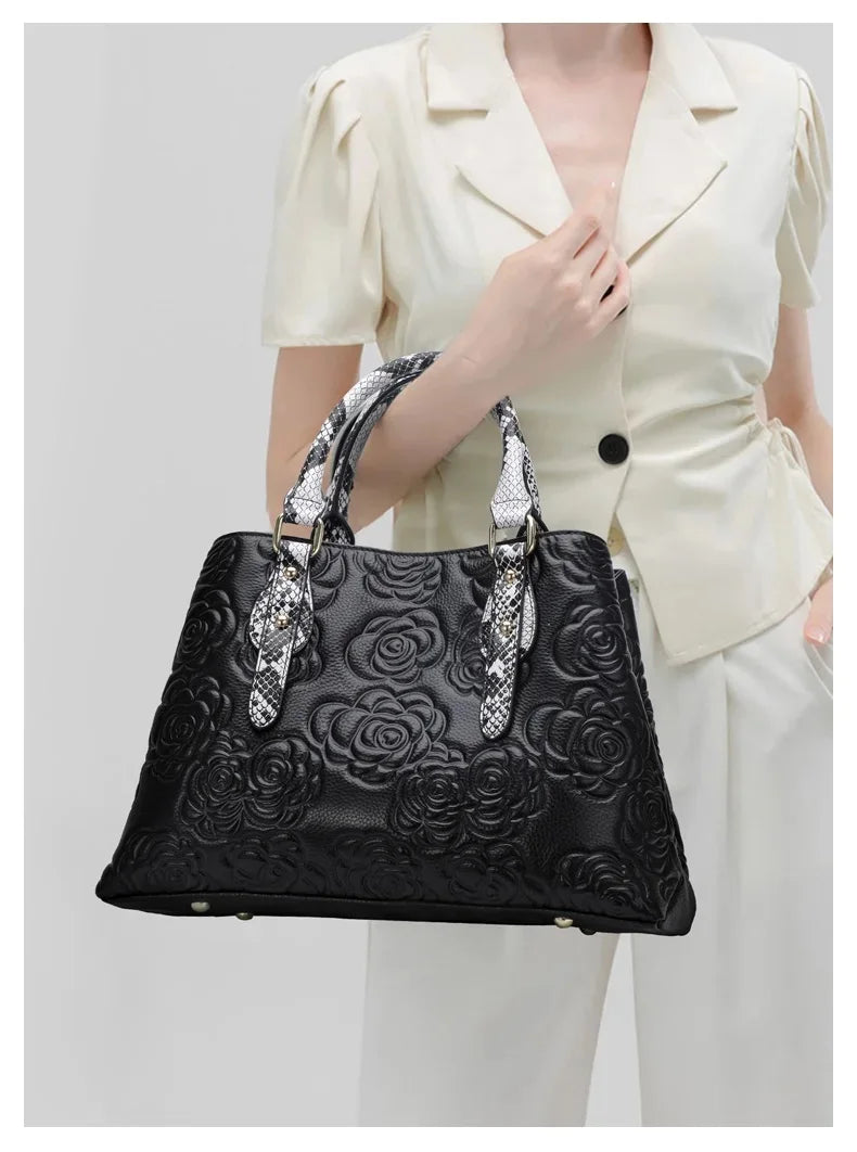 Aidrani  Women's luxury leather handbag, large capacity black, with floral and snake pattern design,