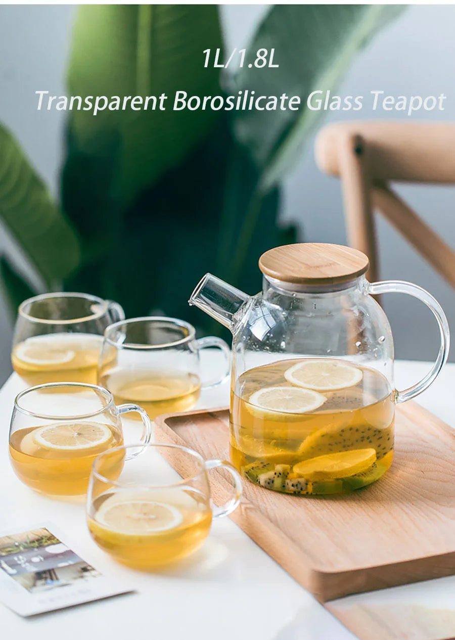 YWDL 1L/1.8L Borosilicate Glass Teapot Set Clear Teapots With Cup Removable Filter Spout Drinkware For Loose Leaf Blooming Tea