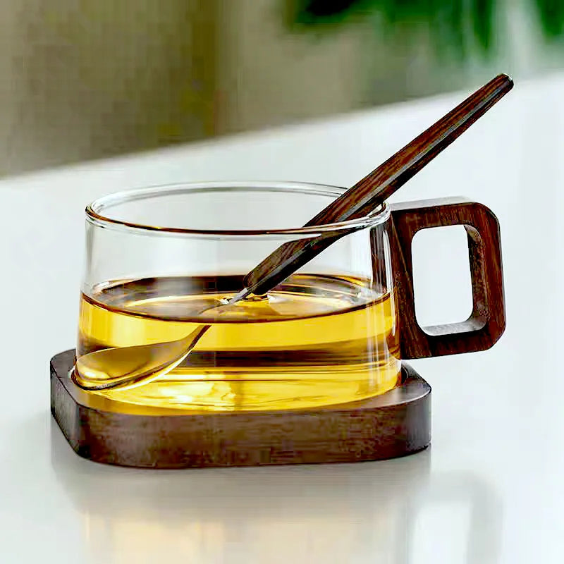 200ml American Latte Glass Coffee Mug With Wooden Tray Spoon Heat-resistant Milk Tea Cup Fresh Ground Coffee Cup