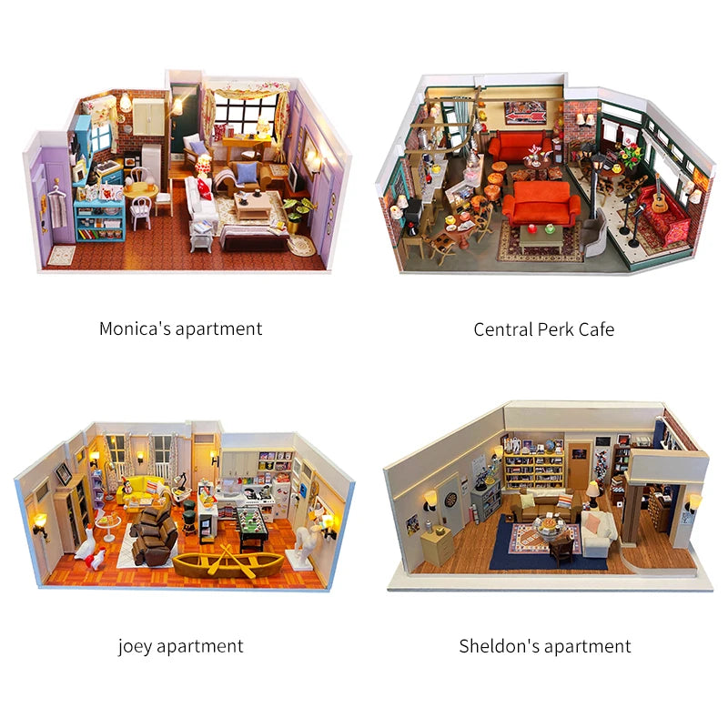 DIY Wooden Joey‘s Apartment Casa Miniature Building Kits Bookend With Lights Assembled Bookshelf Home Decoration Friends Gifts