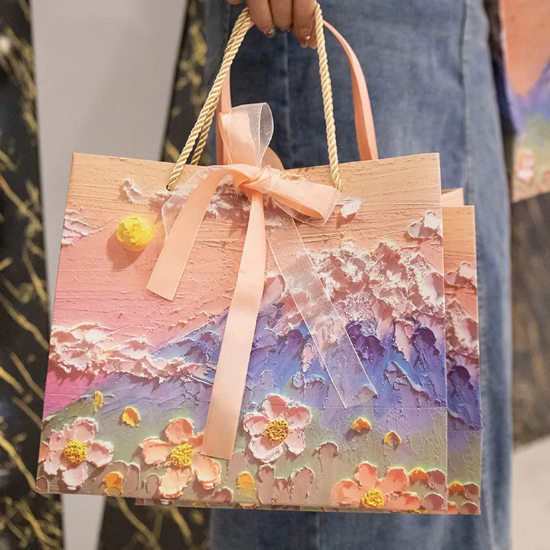 Flower Gift Packaging Bag 3D Cloud Oil Painting Paper Bag Valentine'S Day Birthday Wedding Party Favor Bag Clothes Store Handbag