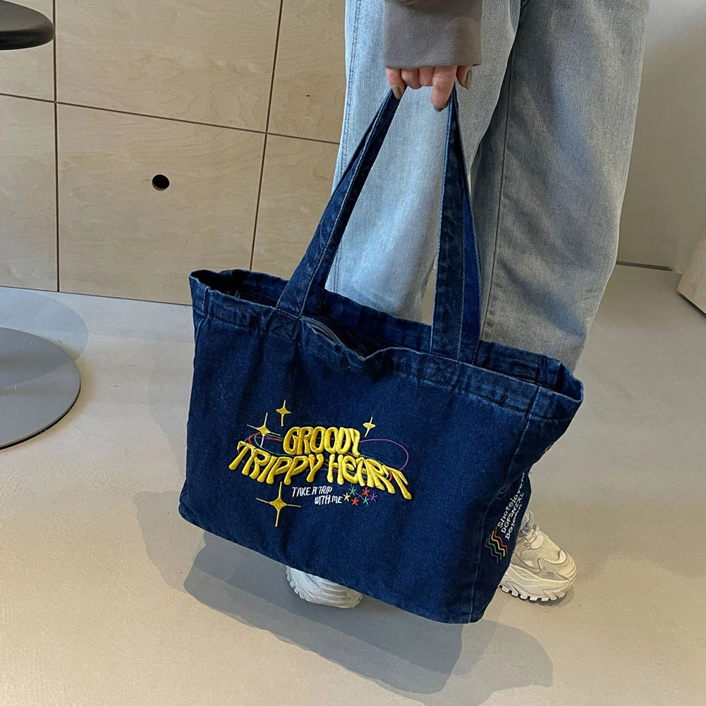 Denim Shoulder Bag Canvas Embroidered Letters Handbag Casual Travel Shopper Retro Hobo Bag Large Capacity Shoulder Underarm Bag Valentines Gift