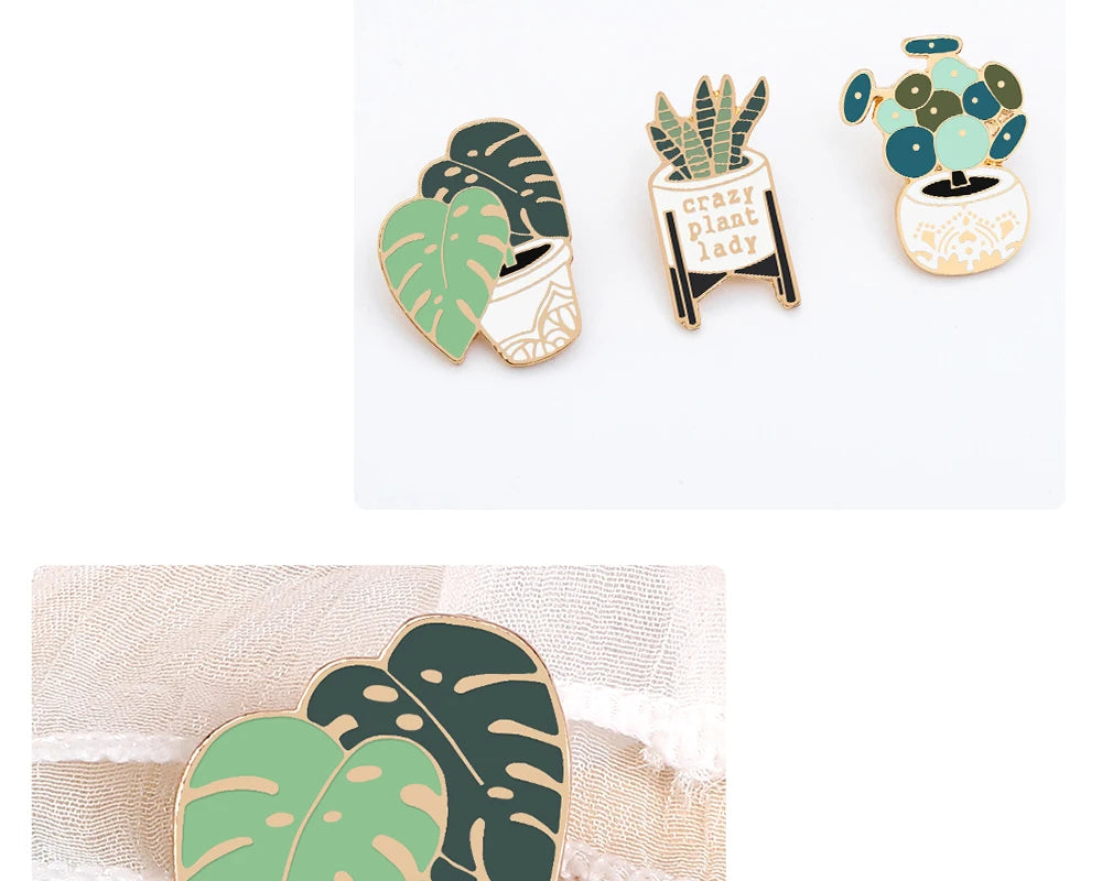 Crazy Plant Lady Brooches Green Succulents Aloe Potted Plants Enamel Badge Creative Cartoon Bag Backpack Lapel Pins Jewelry Gift