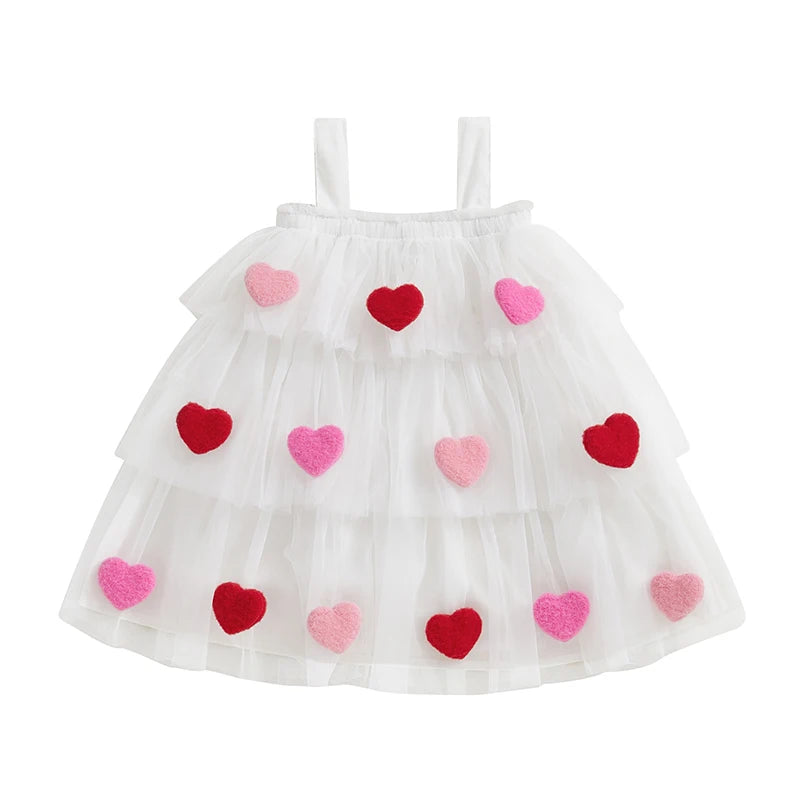 Kids Girl Fashion Valentine Day Dress Star Print Square Neck Sleeveless Layered Tulle Dress with 3D Heart for 1-9 Years Valentines Gift