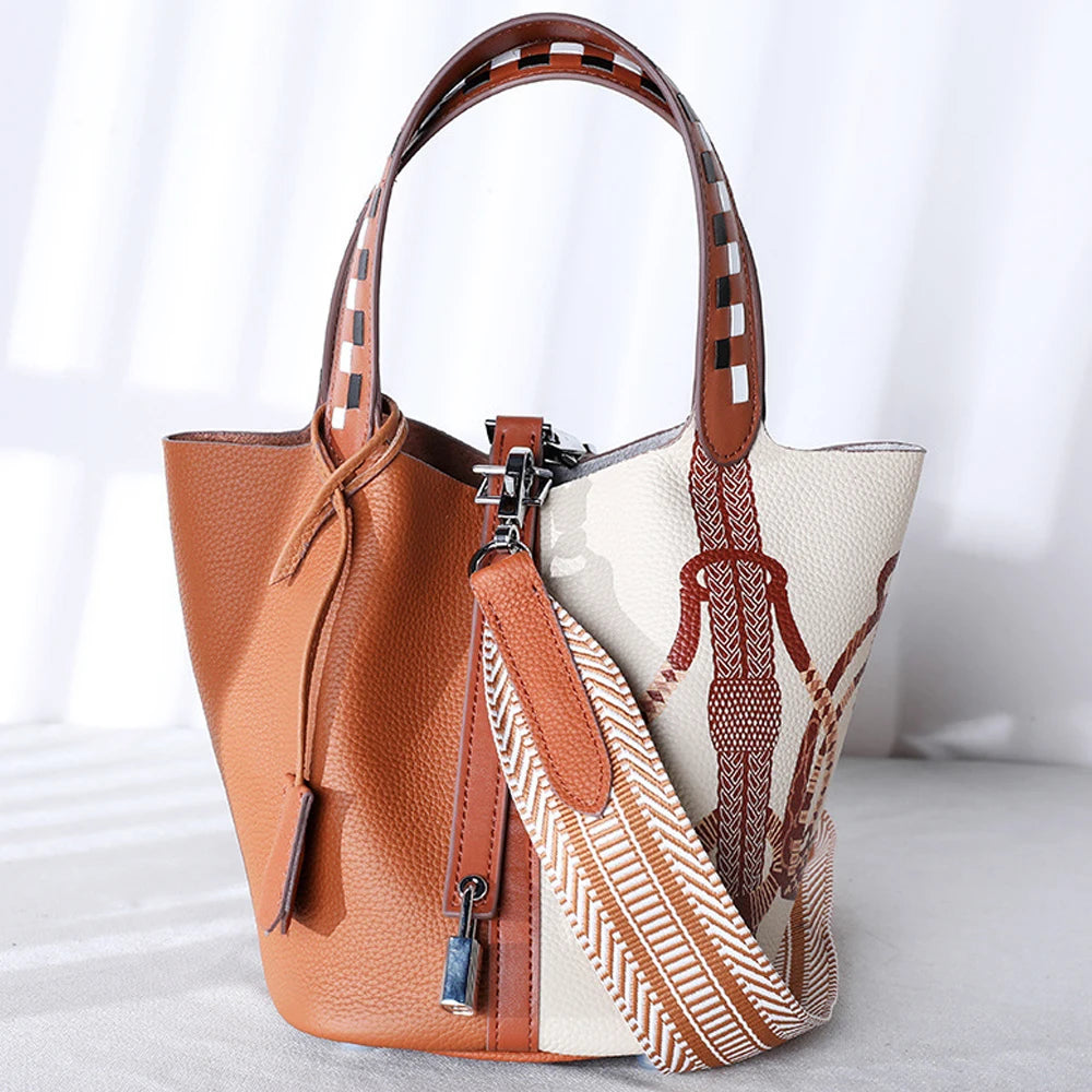 Various Genuine Leather Luxury Bag Fashion Women's Handbag Vegetable Basket Style Portable Women Bucket Bag with Lock