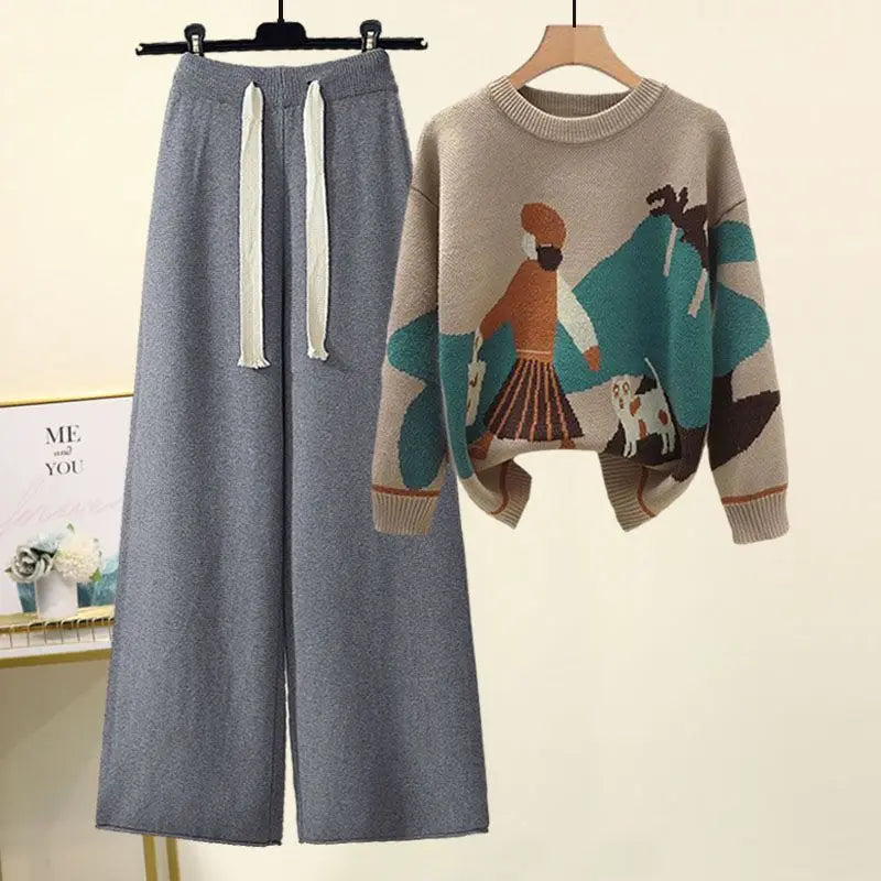 Autumn and Winter Set Women's New Western Style Knitted Sweater Women's Loose and Slimming Casual Pants Two Piece Set Fashion