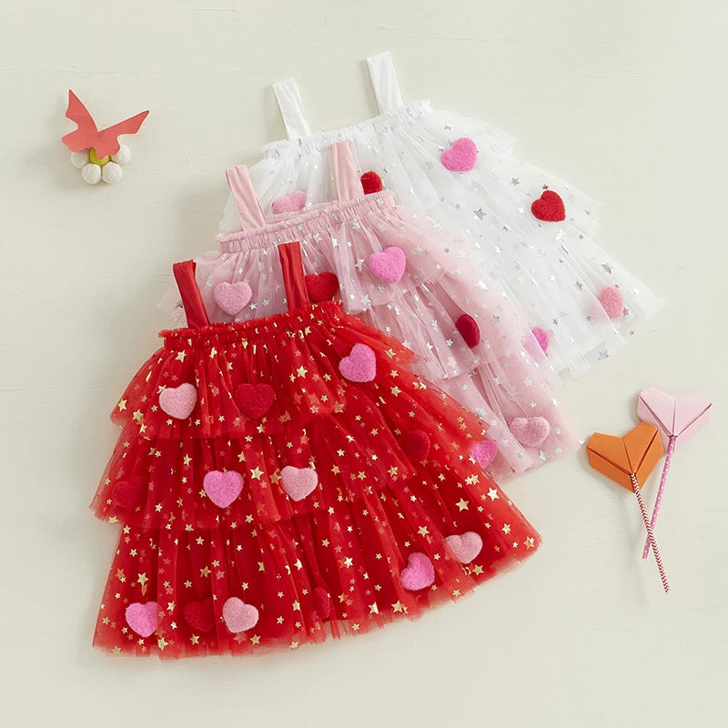 Kids Girl Fashion Valentine Day Dress Star Print Square Neck Sleeveless Layered Tulle Dress with 3D Heart for 1-9 Years Valentines Gift