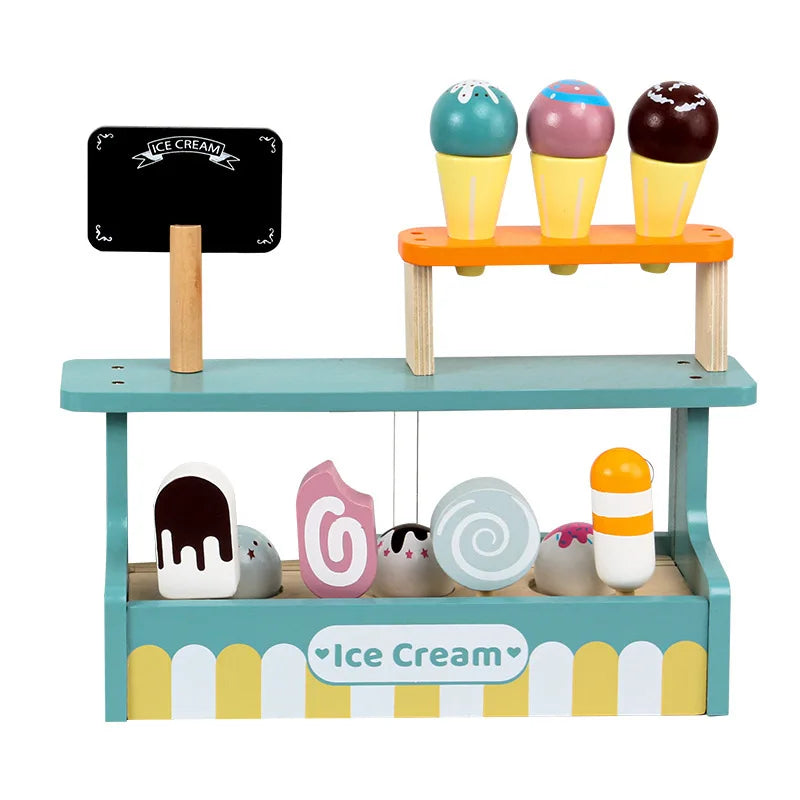 Kids Wooden Toy Ice Cream Counter Playset Tea Party Set Toy Montessori Pretend Play Kitchen Toy Role Play Game for Children Gift