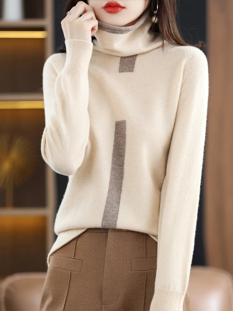 100% Mink Cashmere Sweater Ladies Pile Collar Pullover Tops Spring / Autumn New Colorblock Top Korean Style Fashion Tight Thin