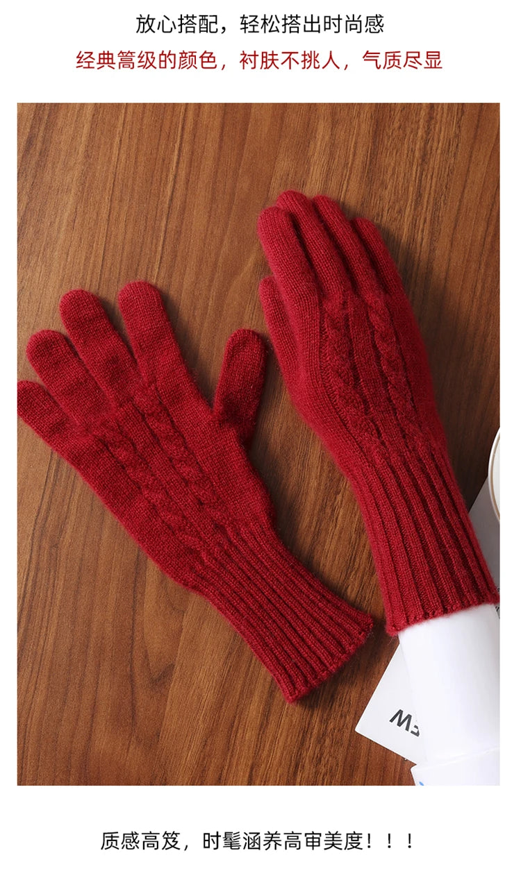 Women Wool Cashmere Gloves Cable Knit Touchscreen Finger Hole Winter Autumn Warm Wrist Length Classic Gloves Female Mitten