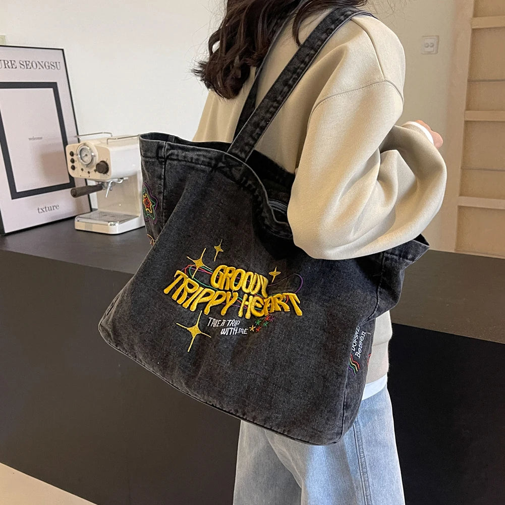 Denim Shoulder Bag Canvas Embroidered Letters Handbag Casual Travel Shopper Retro Hobo Bag Large Capacity Shoulder Underarm Bag Valentines Gift