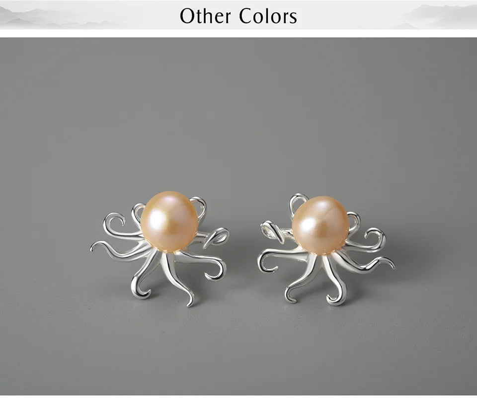 Lotus Fun Creative Octopus Natural Pearl Stud Earrings for Women Real 925 Sterling Silver Original Statement Luxury Fine Jewelry