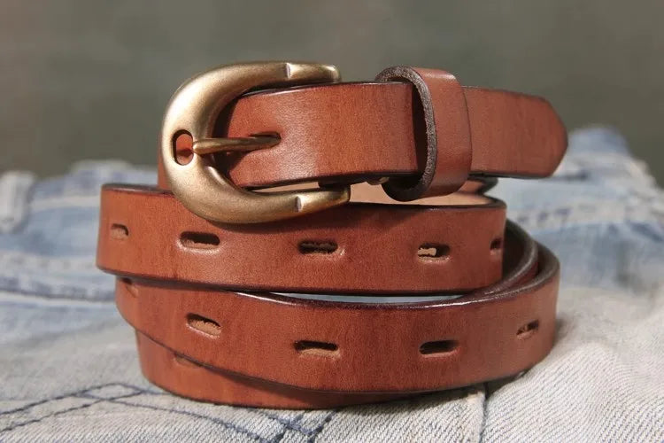 Retro Genuine Leather Women's Belt Pure Copper Button Western Cowboy Style Luxury Brands Jeans Belt Fashion Luxury Women Belt