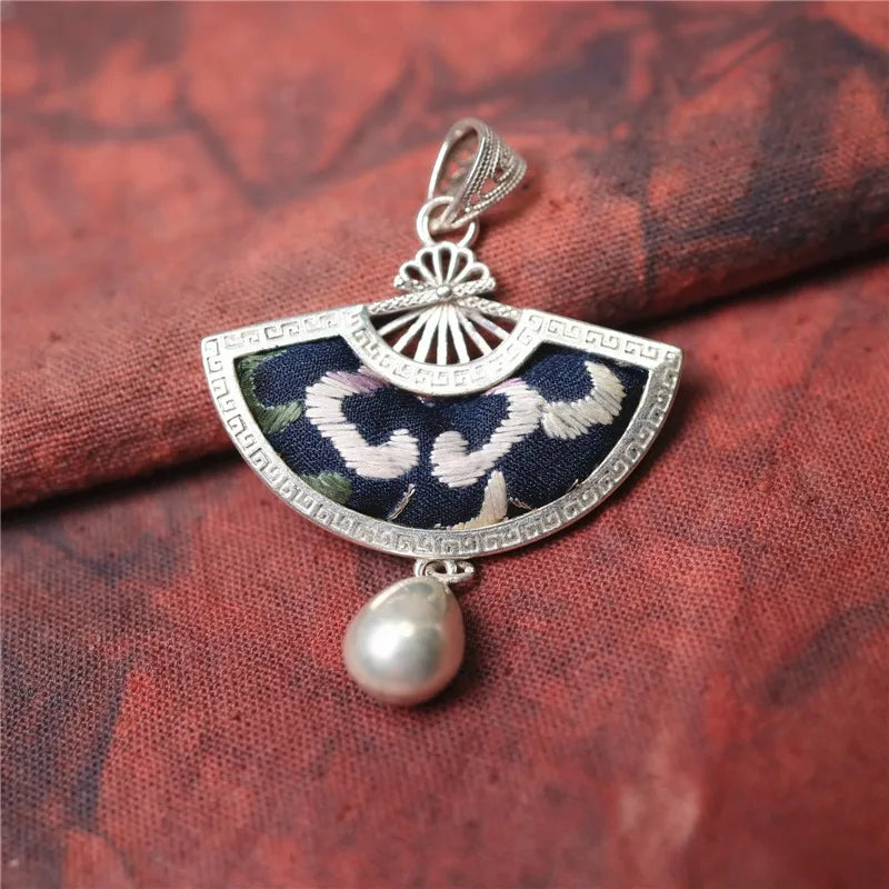 Vintage ethnic style embroidery, old embroidery, wax printing, fan-shaped silver pendant jewelry