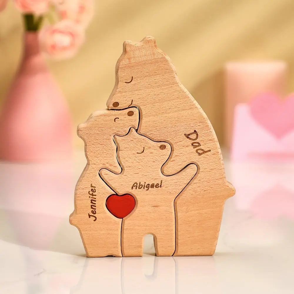 Name Personalized Custom Mother's Birthday Gift Family Names Sculpture Wood Puzzle Bear Family Heart Puzzles Home Decoration Valentines Gift