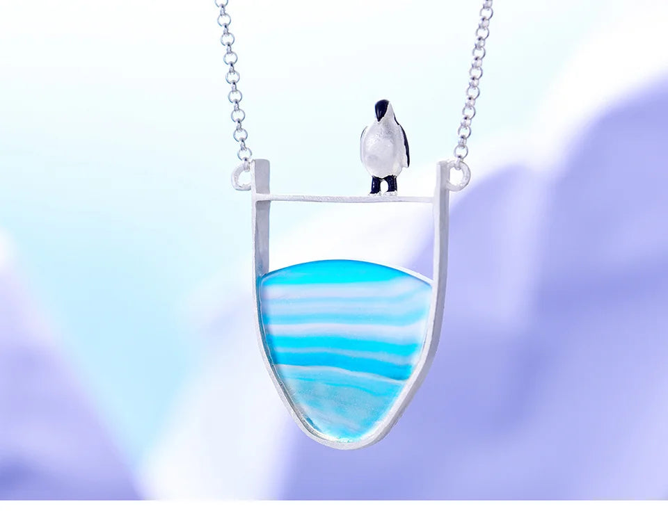 Lotus Fun Real 925 Sterling Silver Natural Agate Gemstones Fine Jewelry Lovely Penguin Necklace with Pendant for Women Collier