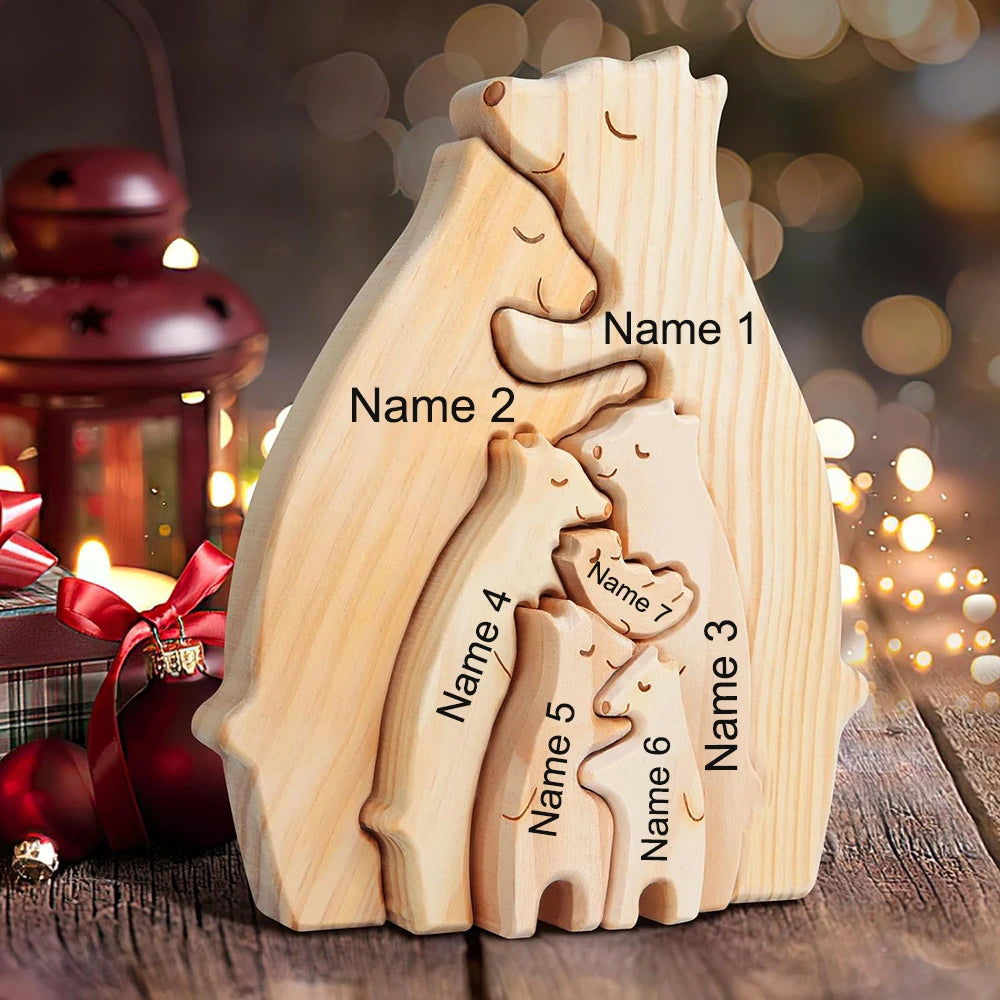 Custom Name Wooden Bear Family Ornaments Personalized Wood Carving Bear Puzzle Christmas Birthday Gift home decor action figure Valentines Gift