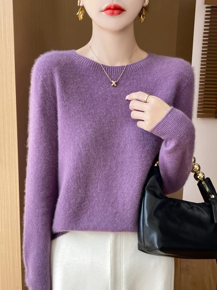 Autumn Winter Women Clothing O-Neck Pullover 100% Merino Wool Sweater New Fashion Cashmere Tops Bottoming Long Sleeve Knitwear