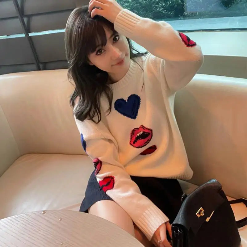 Autumn And Winter New Wool Pullover Women's Round Neck Loose Set Love Lips Sweater Cashmere Knit Bottoming Shirt