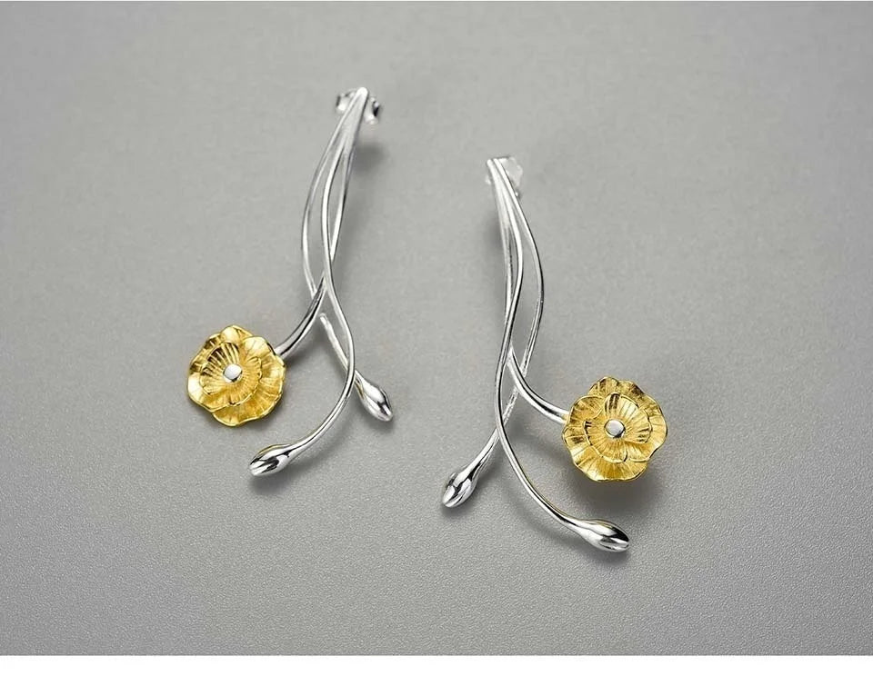 Lotus Fun Long Hanging Unusual Luxury Elegant Anemone Flower Dangle Earrings For Women 925 Sterling Silver Statement Jewelry