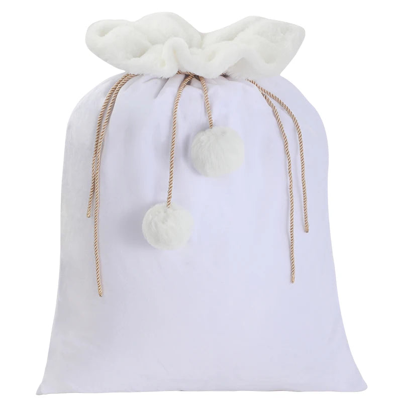 Plush Christmas Santa Sack Cord Drawstring With Pom Pom For Kids Luxury Xmas Gift Bag Merry Christmas